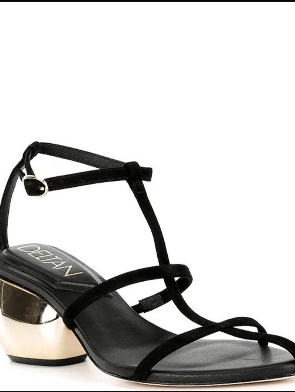 Delta Leevy Suede Black Strappy Sandals with Sculpted Gold Heel 8M